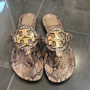 Tory Burch Snake-Print Thong Sandals with Gold Logo